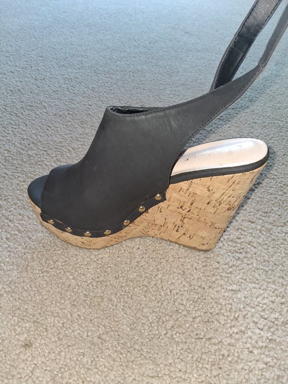 Shoe Dazzle Sarahh Black Cork Wedge Sandal Sz 13